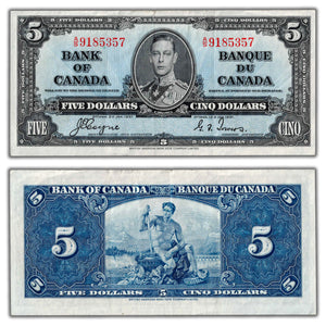 SOLD $5 1937 Bank of Canada Note Coyne-Towers A/S Prefix BC-23c - VF/EF (minor tear)