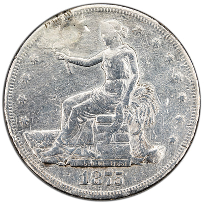United States 1875-CC $1 Trade Dollar Silver Coin - Harshly Cleaned/Damaged