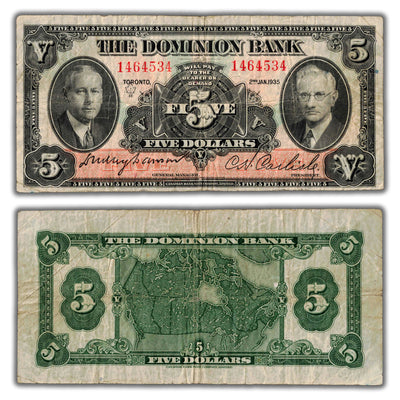 $5 1935 The Dominion Bank Canada Chartered Note CH #220-26-02 - Fine+