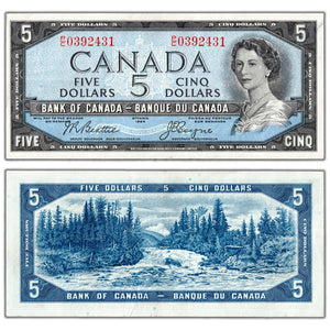 SOLD $5 1954 Bank of Canada Note Beattie-Coyne P/C Prefix BC-39a - EF