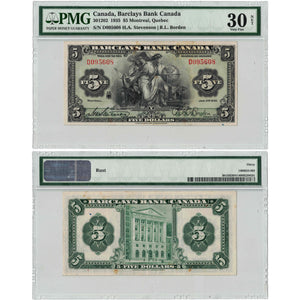 SOLD $5 1935 Barclays Bank of Canada Chartered Note #30-12-02 - PMG VF-30 Net