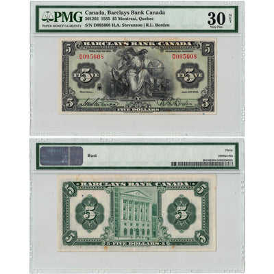 SOLD $5 1935 Barclays Bank of Canada Chartered Note #30-12-02 - PMG VF-30 Net