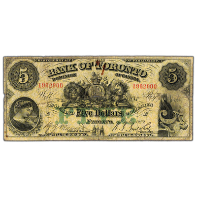 SOLD $5 1929 Bank of Toronto Canada Chartered Note #715-22-22 - Rust/Holes
