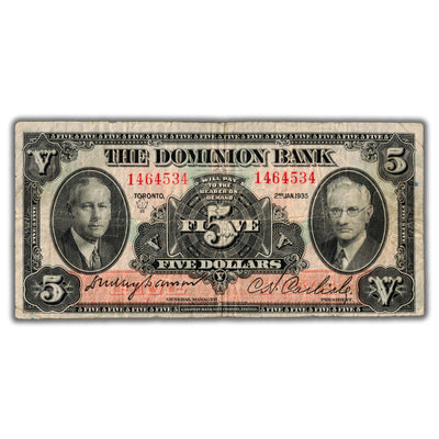 $5 1935 The Dominion Bank Canada Chartered Note CH #220-26-02 - Fine+