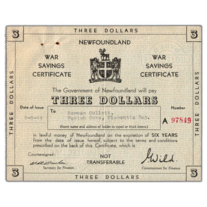 SOLD Newfoundland 1944 $3 Three Dollars War Savings Certificate