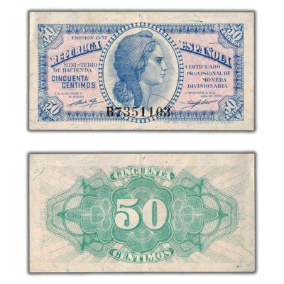SOLD Spain 1937 50 Fifty Centimos Note P #93 - EF/AU