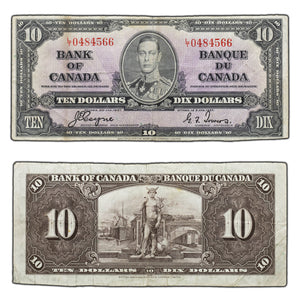 SOLD $10 1937 Bank of Canada Note Coyne-Towers L/T Prefix BC-24c - Trimmed