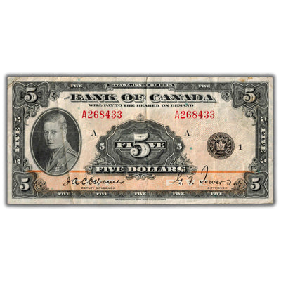 SOLD $5 1935 Bank of Canada Note English Text BC-5 - F/VF