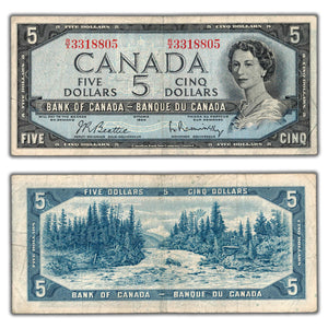 SOLD $5 1954 Bank of Canada Note Beattie-Rasminsky R/X Prefix BC-39b - Circulated