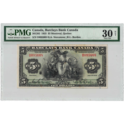 SOLD $5 1935 Barclays Bank of Canada Chartered Note #30-12-02 - PMG VF-30 Net