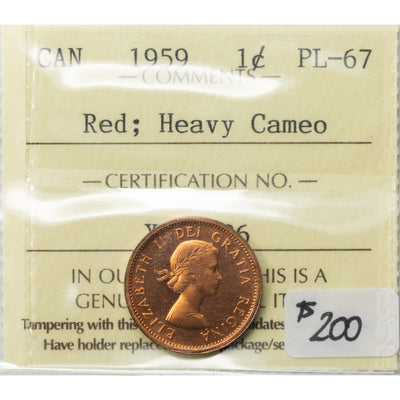 SOLD Canada 1959 1 Small Cent Coin - ICCS PL-67 Red Heavy Cameo