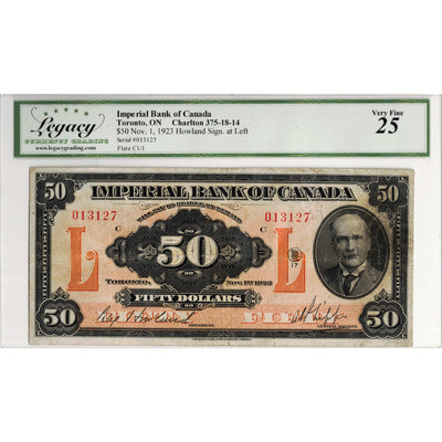 $50 1923 Imperial Bank of Canada Chartered Note #375-18-14 - Legacy VF-25