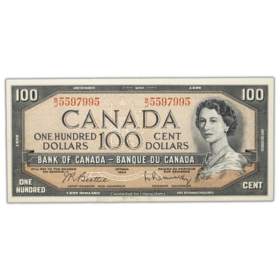 SOLD $100 1954 Bank of Canada Note Beattie-Rasminsky B/J Prefix BC-43b - AU/UNC