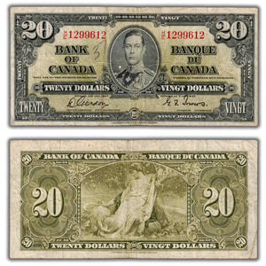SOLD $20 1937 Bank of Canada Note Gordon-Towers H/E Changeover Prefix BC-25b - Writing