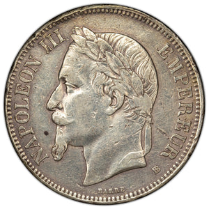 SOLD France 1870 BB 5 Francs SIlver Coin KM #799.2 - Cleaned