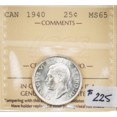 SOLD Canada 1940 25 Cents Quarter Silver Coin - ICCS MS-65