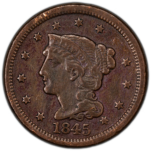 SOLD United States 1845 1 Cent Braided Hair Coin - Corrosion