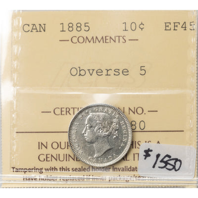 SOLD Canada 1885 Obv 5 10 Cents Dime Silver Coin - ICCS EF-45