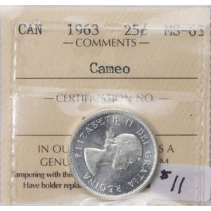 SOLD Canada 1963 25 Cents Quarter Silver Coin - ICCS MS-63 Cameo