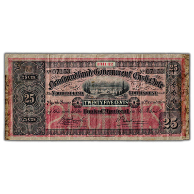 SOLD 25 Cents 1911-12 Newfoundland Government Cash Note NF-7b - Fine (mounted/tape residue)