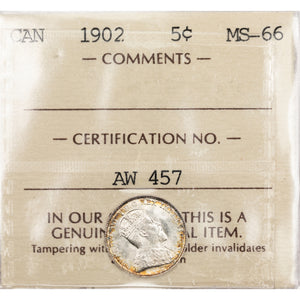 SOLD Canada 1902 5 Cents Silver Coin - ICCS MS-66