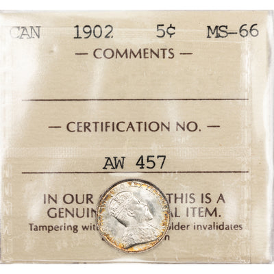 SOLD Canada 1902 5 Cents Silver Coin - ICCS MS-66
