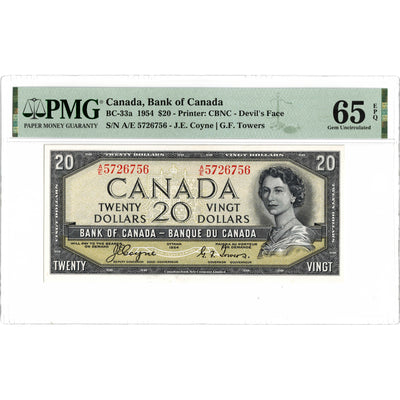 SOLD $20 1954 Bank of Canada Note Devil Face A/E Prefix BC-33a - PMG Gem UNC-65 EPQ