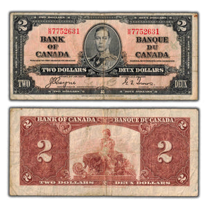SOLD $2 1937 Bank of Canada Note Coyne-Towers K/R Prefix Bc-22c - Fine (light writing)