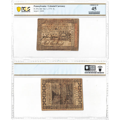 United States 1773 5 Shillings Pennsylvania Colonial Currency Note Fr. PA-166 - PCGS EF-45