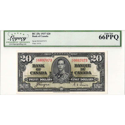 $20 1937 Bank of Canada Note Coyne-Towers K/E Prefix BC-25c - Legacy Gem UNC-66 PPQ