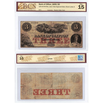 SOLD $3 1859 Bank of Clifton Canada Chartered Note #125-10-04-04a - BCS F-15