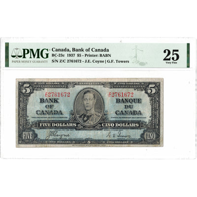 $5 1937 Bank of Canada Note Radar Serial 2761672 BC-23c - PMG VF-25