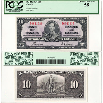 $10 1937 Bank of Canada Note Coyne-Towers A/T Prefix BC-24c - PCGS AU-58