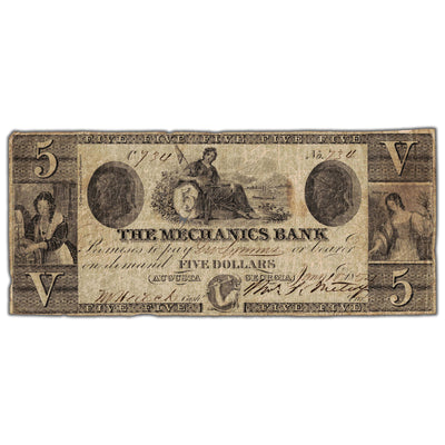 United States 1854 The Mechanics Bank $5 Five Dollars Obsolete Note - Hole