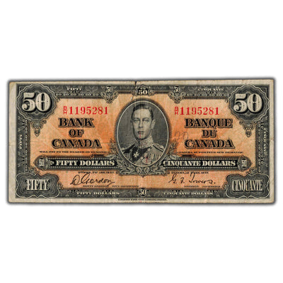 SOLD $50 1937 Bank of Canada Note Gordon-Towers B/H Prefix BC-26b - Tear/Writing