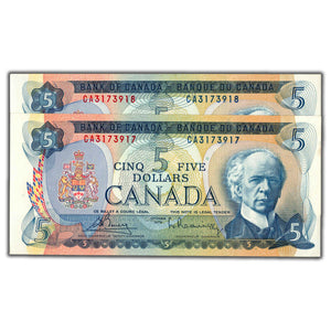 SOLD $5 1972 Bank of Canada Note Bouey-Rasminsky CA Prefix BC-48a - 2 Consecutive AU+