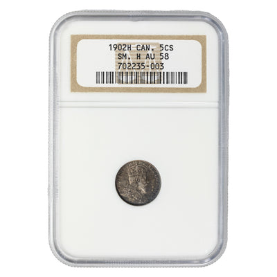SOLD Canada 1902-H Small H 5 Cents Silver Coin - NGC AU-58