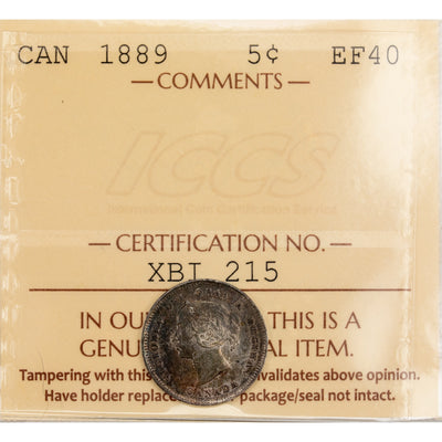 Canada 1889 5 Cents Silver Coin - ICCS EF-40