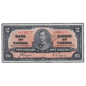SOLD $2 1937 Bank of Canada Note Coyne-Towers J/R Prefix BC-22c - VF+ (writing)