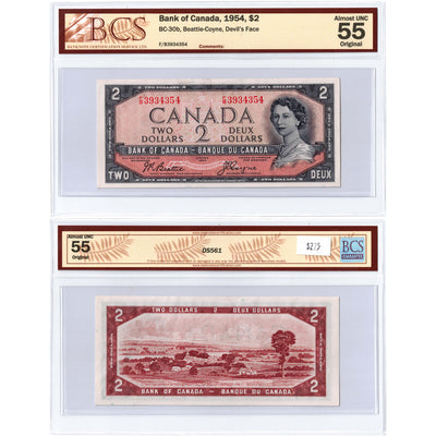 SOLD $2 1954 Bank of Canada Note Devil Face F/B Prefix BC-30b - BCS AU-55