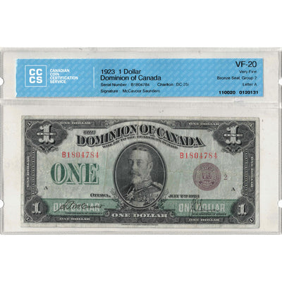 SOLD $1 1923 Dominion of Canada Note Bronze Seal Series B DC-25i - CCCS VF-20