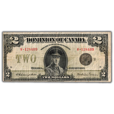 SOLD $2 1923 Dominion of Canada Note Campbell-Sellar Black Seal Series V DC-26j - F/VF