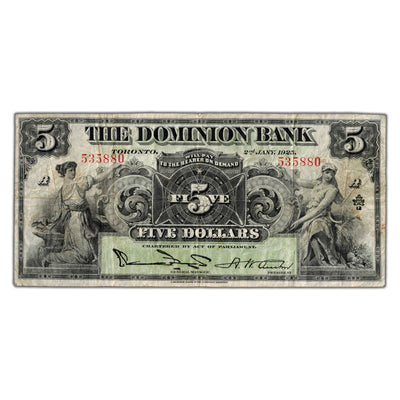 $5 1925 The Dominion Bank Canada Chartered Note #220-16-14 - F/VF