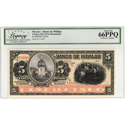 SOLD Mexico Banco de Hidalgo ND (1914) 5 Pesos Remainder Note P #S305d - Legacy UNC-66 PPQ