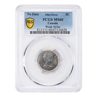 Canada N.D. (1965-81) 5 Cents Nickel Coin - PCGS MS-60 - Mint Error Weak Strike