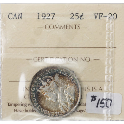 SOLD Canada 1927 25 Cents Quarter Silver Coin - ICCS VF-20