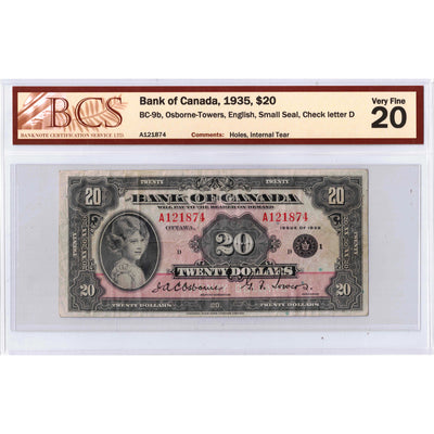 SOLD $20 1935 Bank of Canada Note English Text Small Seal BC-9b - BCS VF-20