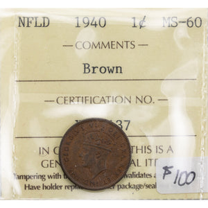 Newfoundland 1940 1 Small Cent Coin - ICCS MS-60 Brown