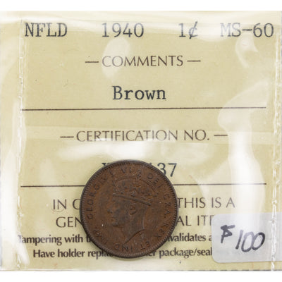 Newfoundland 1940 1 Small Cent Coin - ICCS MS-60 Brown