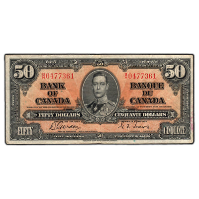 SOLD $50 1937 Bank of Canada Note Gordon-Towers B/H Prefix BC-26b